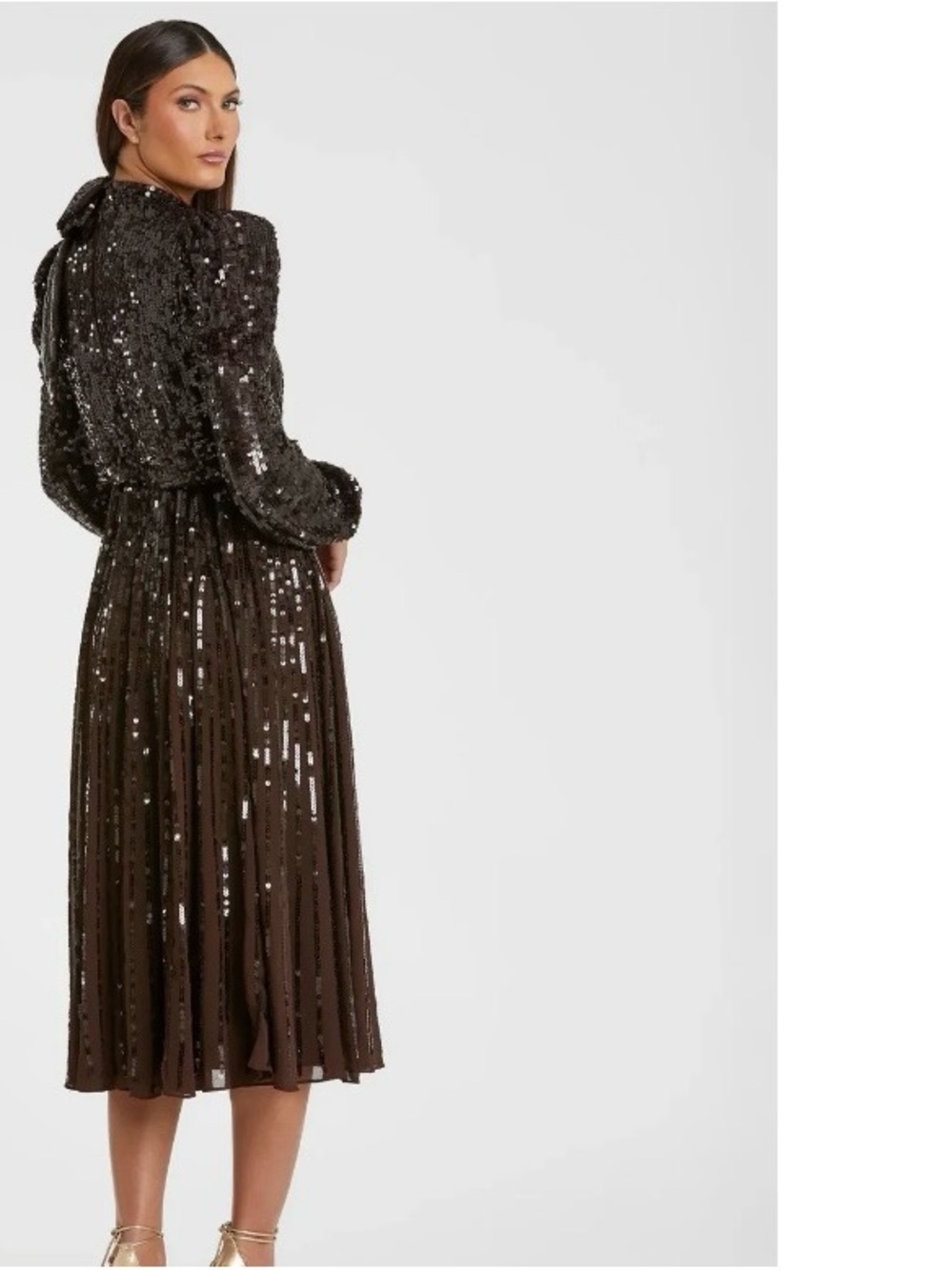 NWT Mac Duggal Sequin Long Sleeve Midi Dress in Dark Brown 16 NWT - Picture 2 of 16